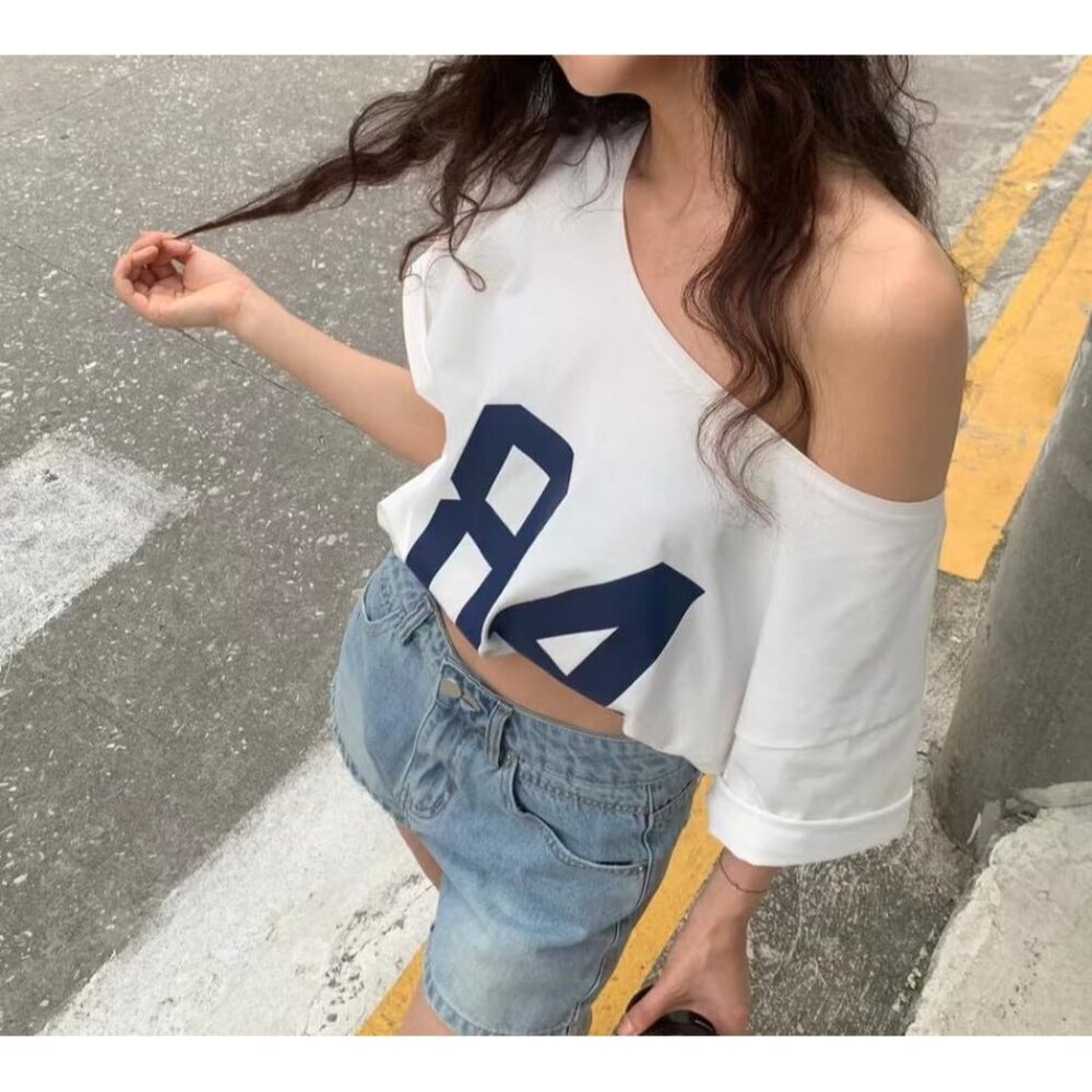 Off The Shoulder Top Women Polyester Short Sleeve Oversized Y2K Tee - Picture 5 of 5